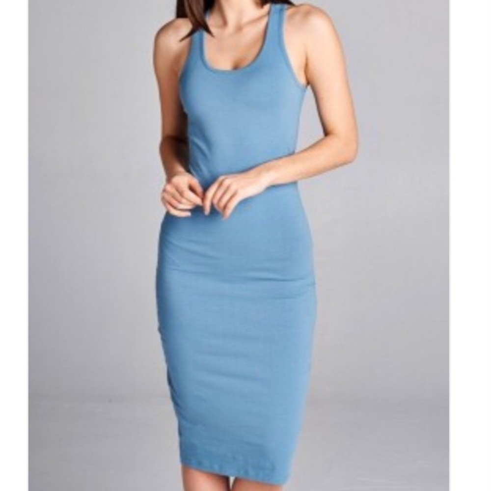 Soft blue midi tank dress cotton blend stretchy